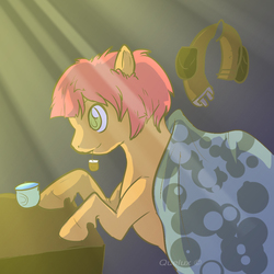 Size: 900x900 | Tagged: safe, artist:boxgoat, oc, oc only, oc:noah fence, earth pony, pony, blanket, crepuscular rays, cup, female, mare, mouth hold, solo, teabag, toolbelt