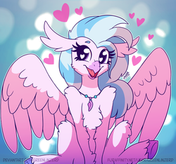 Size: 1280x1200 | Tagged: safe, artist:greenlinzerd, silverstream, classical hippogriff, hippogriff, g4, beautiful, colored hooves, cute, diastreamies, female, fluffy, heart, heart eyes, human shoulders, jewelry, looking at you, looking away, necklace, sitting, smiling, solo, spread wings, unshorn fetlocks, wingding eyes, wings