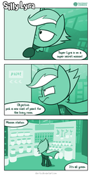 Size: 726x1387 | Tagged: safe, artist:dori-to, lyra heartstrings, pony, comic:silly lyra, g4, comic, female, green, greenscale, leaning on the fourth wall, mare, monochrome, superhero