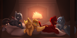 Size: 3000x1500 | Tagged: safe, artist:chapaevv, oc, oc only, pony, female, fireplace, looking at you, lying on bed
