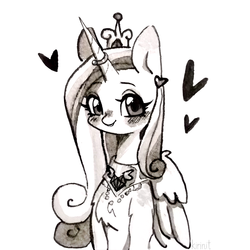 Size: 1000x1000 | Tagged: safe, artist:kirinit, princess cadance, alicorn, pony, g4, blushing, chest fluff, crown, cute, cutedance, female, heart, horn, horn ring, inktober, inktober 2019, jewelry, mare, monochrome, painting, peytral, regalia, simple background, solo, traditional art, white background