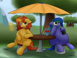 Size: 2427x1849 | Tagged: safe, artist:the-furry-railfan, oc, oc:cinderheart, oc:felicity stars, pegasus, pony, unicorn, adorafatty, bottle, bush, cute, drinking, drinking straw, fat, female, inflation, magic, mare, mentos, mints, mountain, nuka cola, pudgy, scenery, sipping, soda, soda inflation, squishy, stuffed, stuffed belly, table, telekinesis, this will end in balloons, tongue out, tree, umbrella
