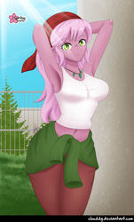 Size: 1076x1779 | Tagged: safe, artist:clouddg, raspberry lilac, equestria girls, g4, arm behind head, armpits, background human, belly button, breasts, busty raspberry lilac, clothes, digital art, female, jewelry, looking at you, midriff, multiple variants, necklace, signature, solo, tank top