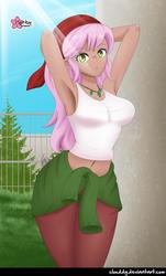 Size: 1076x1779 | Tagged: safe, alternate version, artist:clouddg, raspberry lilac, human, equestria girls, g4, arm behind head, armpits, background human, bandana, belly button, breasts, busty raspberry lilac, clothes, crepuscular rays, female, humanized, midriff, moderate dark skin, multiple variants, solo, tank top