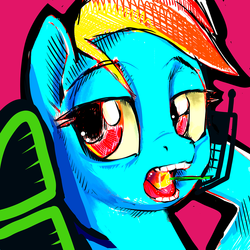 Size: 1440x1440 | Tagged: safe, artist:docwario, rainbow dash, pony, g4, bust, call, calling, candy, dashtober, female, food, lidded eyes, lollipop, open mouth, portrait, solo
