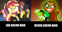 Size: 1962x1016 | Tagged: safe, edit, edited screencap, screencap, fluttershy, sunset shimmer, equestria girls, g4, game stream, my little pony equestria girls: better together, bacon hair, comparison, dc comics, dc superhero girls, green lantern, jessica cruz, psycho gamer sunset, sunset shimmer frustrated at game, tell me what you need