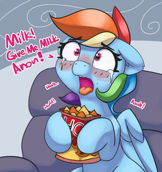 Size: 2686x2863 | Tagged: safe, artist:pabbley, rainbow dash, pegasus, pony, g4, adorable distress, blushing, chips, crying, cute, dialogue, female, floppy ears, food, high res, implied anon, mare, milk, open mouth, solo, spicy, tears of pain, tongue out, wings