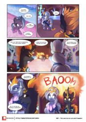 Size: 3541x5016 | Tagged: safe, artist:freeedon, artist:lummh, oc, oc:appolonia, oc:selendis, pony, unicorn, comic:the lost sun, collaboration, comic, explosion, female, filly, foal, glowing eyes, horn, horn ring, magic, magicorn, male, mare, patreon, patreon logo, speech bubble, stallion, younger