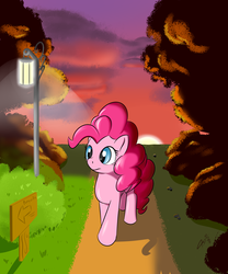 Size: 2000x2400 | Tagged: safe, artist:asajiopie01, pinkie pie, earth pony, pony, g4, evening, female, forest, high res, light, mare, sign, solo, streetlight, sunset, tree, walking