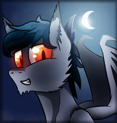 Size: 1384x1452 | Tagged: safe, artist:jesterpi, oc, bat pony, pony, vampire, vampony, bat pony oc, bust, crescent moon, dark, glowing, glowing eyes, moody, moon, night, profile picture, smiling, wings