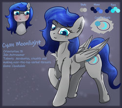 Size: 2284x2036 | Tagged: safe, artist:jesterpi, oc, oc only, oc:cyan moonlight, pegasus, pony, abstract background, blushing, commission, female, glowing, high res, mare, reference sheet, smiling, text, wings
