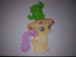 Size: 3968x2976 | Tagged: safe, artist:cmc--scootaloo, scootaloo, appleoosa's most wanted, g4, season 5, apple, cactus, cactus hat, clothes, cute, cutealoo, food, hat, high res, the daily crusade, traditional art, wings, wings down