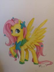 Size: 1024x1366 | Tagged: safe, artist:t0zona, fluttershy, butterfly, pegasus, pony, g4, clothes, cute, female, flower, flower in hair, green eyes, shoes, shyabetes, simple background, smiling, solo, traditional art, white background