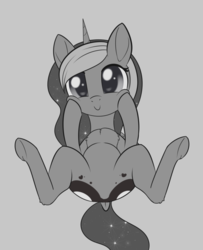 Size: 987x1215 | Tagged: safe, alternate version, artist:dusthiel, princess luna, alicorn, pony, g4, both cutie marks, cheek squish, chest fluff, cute, dock, featureless crotch, female, gray background, grayscale, inktober, inktober 2019, looking at you, lunabetes, mare, monochrome, noir, on back, simple background, solo, squishy cheeks