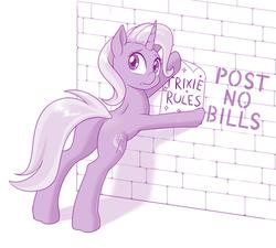 Size: 1280x1151 | Tagged: safe, artist:dstears, trixie, pony, unicorn, g4, butt, eric conveys an emotion, female, mare, monochrome, plot, poster, solo, text, wall