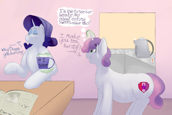 Size: 3000x2000 | Tagged: safe, artist:lupin quill, rarity, sweetie belle, pony, unicorn, g4, belly, chest fluff, chubbie belle, chubby, cup, dialogue, eyes closed, food, high res, kettle, magic, newspaper, older, older sweetie belle, plump, potion, sitting, table, tea, telekinesis, this will end in weight gain, thought bubble