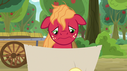 Size: 1280x720 | Tagged: safe, screencap, big macintosh, earth pony, pony, g4, going to seed, apple, apple tree, cart, floppy ears, male, map, solo, stallion, tree