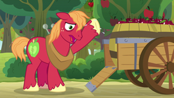 Size: 1280x720 | Tagged: safe, screencap, big macintosh, earth pony, pony, g4, going to seed, apple, apple tree, bags under eyes, barrel, cart, food, male, solo, stallion, sweat, tree
