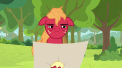 Size: 1920x1080 | Tagged: safe, screencap, big macintosh, earth pony, pony, g4, going to seed, apple, apple tree, bags under eyes, big macintosh is not amused, freckles, frown, male, map, solo, stallion, tree, unshorn fetlocks