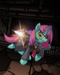 Size: 944x1174 | Tagged: safe, artist:cazra, android, pony, robot, robot pony, unicorn, fallout equestria, clothes, exposed mechanical bits, gun, heterochromia, necktie, ruins, solo, stable (vault), synth, trenchcoat, vault, weapon