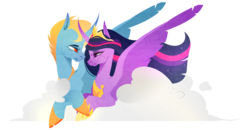 Size: 3571x1861 | Tagged: safe, artist:ryrxian, twilight sparkle, oc, oc:harmony star, alicorn, pony, g4, the last problem, alicorn oc, canon x oc, cloud, crown, duo, female, jewelry, looking at each other, male, older, older twilight, older twilight sparkle (alicorn), princess twilight 2.0, regalia, simple background, straight, transparent background, twilight sparkle (alicorn)