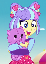 Size: 753x1050 | Tagged: safe, screencap, princess thunder guts, supernova zap, dog, equestria girls, equestria girls series, g4, lost and pound, spoiler:choose your own ending (season 2), spoiler:eqg series (season 2), cropped, cute, female, happy, heart, holding a dog, hug, lost and pound: spike, puppy, smiling, su-z, su-z-betes