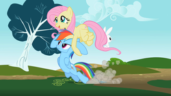 Size: 1280x720 | Tagged: safe, screencap, angel bunny, fluttershy, rainbow dash, pegasus, pony, rabbit, g4, may the best pet win, season 2, animal, displeased, dragging, female, flapping, flying, folded wings, frown, lidded eyes, mare, open mouth, open smile, rainbow dash is not amused, smiling, spread wings, trio, unamused, wings