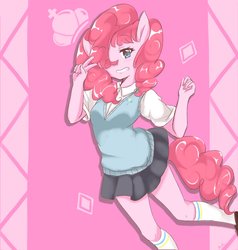 Size: 1950x2048 | Tagged: safe, artist:moh_mlp2, pinkie pie, human, anthro, plantigrade anthro, g4, anime, clothes, cute, eared humanization, humanized, miniskirt, moe, pigtails, pink background, pleated skirt, school uniform, shoes, simple background, skirt, smiling, socks, sweater vest, tailed humanization