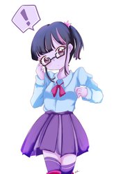Size: 1448x2048 | Tagged: safe, artist:moh_mlp2, sci-twi, twilight sparkle, human, equestria girls, g4, adorkable, anime, bow, clothes, cute, dork, exclamation point, female, glasses, long socks, miniskirt, moe, pleated skirt, side ponytail, simple background, skirt, socks, solo, thigh highs, thigh socks, twiabetes, white background, zettai ryouiki