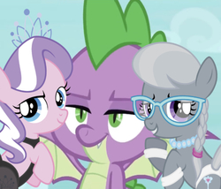 Size: 509x435 | Tagged: safe, artist:leopurofriki, edit, edited screencap, editor:undeadponysoldier, screencap, diamond tiara, silver spoon, spike, dragon, earth pony, pony, g4, molt down, clothes, female, filly, glasses, jewelry, lingerie, lucky bastard, male, necklace, pearl necklace, ship:silverspike, ship:spiketiara, shipping, silverspiketiara, smug, spike gets all the fillies, spike gets all the mares, straight, stupid sexy diamond tiara, stupid sexy silver spoon, winged spike, wings