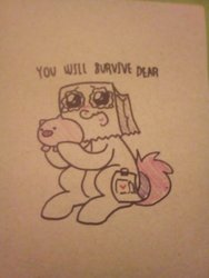 Size: 1536x2048 | Tagged: safe, artist:paperbagpony, oc, oc:paper bag, pony, blushing, crying, dialogue, fake cutie mark, photo, piggy bank, tears of joy, traditional art