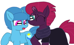 Size: 1646x991 | Tagged: safe, artist:徐詩珮, fizzlepop berrytwist, spring rain, tempest shadow, pony, unicorn, g4, broken horn, clothes, female, horn, lesbian, mare, ship:springshadow, shipping, simple background, transparent background