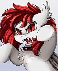Size: 1424x1764 | Tagged: safe, artist:pridark, oc, oc only, bat pony, pony, bat pony oc, bust, chest fluff, clothes, commission, ear piercing, looking at you, male, open mouth, piercing, portrait, red eyes, solo