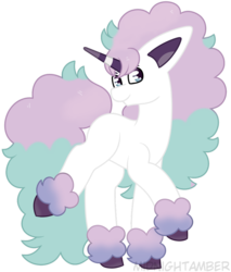 Size: 825x968 | Tagged: safe, artist:calibykitty, galarian ponyta, pony, ponyta, unicorn, floppy ears, fluffy, gradient eyes, gradient hooves, hooves up, horn, multicolored eyes, multicolored hair, multicolored horn, multicolored mane, multicolored tail, pokemon sword and shield, pokémon, simple background, smiling, solo, speedpaint, speedpaint available, transparent background