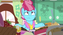 Size: 1920x1080 | Tagged: safe, screencap, cup cake, earth pony, pony, g4, the big mac question, batter, female, food, shrug, solo, strawberry