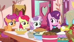Size: 1920x1080 | Tagged: safe, screencap, apple bloom, scootaloo, sugar belle, sweetie belle, pony, g4, the big mac question, cutie mark crusaders, food, nut, pie