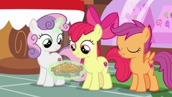 Size: 1920x1080 | Tagged: safe, screencap, apple bloom, scootaloo, sweetie belle, pony, g4, the big mac question, cutie mark crusaders, food, magic, pie