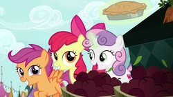 Size: 1920x1080 | Tagged: safe, screencap, apple bloom, scootaloo, sweetie belle, pony, g4, the big mac question, cutie mark crusaders, food, magic, pie