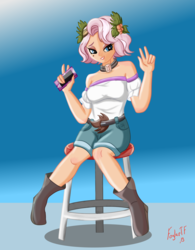 Size: 3863x4963 | Tagged: safe, alternate version, artist:foylertf, vignette valencia, equestria girls, g4, my little pony equestria girls: better together, bare shoulders, cellphone, clothes, flower, flower in hair, holly, human coloration, looking at you, peace sign, phone, shorts, simple background, sitting, smartphone