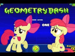 Size: 480x360 | Tagged: safe, apple bloom, earth pony, pony, g4, cutie mark, demon level, game, gamer, geometry dash, level, level one, play, round one, sitting, stereo madness