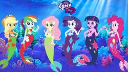 Size: 1920x1080 | Tagged: safe, applejack, fluttershy, pinkie pie, rainbow dash, rarity, twilight sparkle, mermaid, equestria girls, g4, bandeau, belly button, bikini, bikini top, clothes, female, humane five, humane six, mermaidized, midriff, my little pony logo, smiling, species swap, sports bra, swimming, swimsuit, underwater