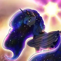 Size: 400x400 | Tagged: safe, artist:moni8324, princess luna, alicorn, pony, g4, crepuscular rays, cute, cutie mark, ethereal mane, female, glowing mane, jewelry, lidded eyes, looking at you, looking sideways, lunabetes, mare, regalia, smiling, solo, starry mane, sun, sunset