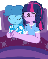 Size: 1080x1304 | Tagged: safe, artist:徐詩珮, sci-twi, spring rain, twilight sparkle, equestria girls, g4, bed, clothes, equestria girls-ified, female, glasses, lesbian, pajamas, ship:sci-springlight, ship:springlight, shipping, simple background, sleeping, straight, transparent background