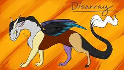 Size: 1192x670 | Tagged: safe, artist:moni8324, oc, oc only, oc:disarray, draconequus, abstract background, adopted offspring, chest fluff, draconequus oc, female, grin, offspring, parent:discord, parent:princess celestia, quadrupedal, smiling, solo
