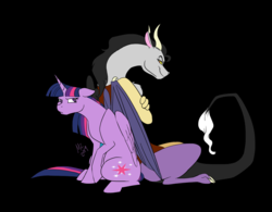 Size: 1920x1500 | Tagged: safe, artist:moni8324, twilight sparkle, oc, oc:disarray, alicorn, draconequus, pony, g4, adopted offspring, annoyed, black background, cutie mark, draconequus oc, duo, female, floppy ears, lidded eyes, looking at each other, mare, parent:discord, parent:princess celestia, raised hoof, simple background, sitting, smiling, smirk, smug, twilight sparkle (alicorn), twilight sparkle is not amused, unamused