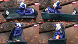 Size: 2570x1440 | Tagged: safe, oc, oc:hellfire, pegasus, pony, blue fur, book, craft, figure, irl, male, photo, reading, red eyes