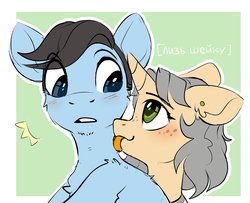 Size: 2470x2008 | Tagged: safe, artist:trickate, oc, oc:tony loser, oc:trickate, pony, unicorn, blue eyes, ear piercing, female, freckles, green eyes, high res, male, neck licking, piercing, simple background, straight, surprised, tonate, tongue out