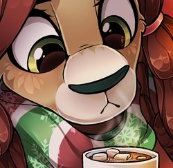 Size: 1021x995 | Tagged: safe, artist:trickate, yona, yak, g4, :<, cheek fluff, chocolate, close-up, clothes, curious, cute, female, food, frown, head tilt, hot chocolate, looking at something, marshmallow, mug, scarf, solo, steam, yonadorable