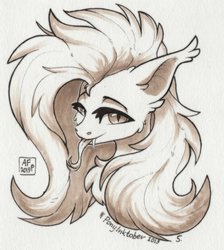 Size: 609x680 | Tagged: safe, artist:airfly-pony, fluttershy, bat pony, pony, g4, bat ponified, bust, chest fluff, ear fluff, fangs, female, flutterbat, inktober, marker drawing, messy mane, race swap, simple background, solo, tongue out, traditional art, white background
