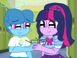 Size: 1440x1080 | Tagged: safe, artist:徐詩珮, sci-twi, spring rain, twilight sparkle, equestria girls, g4, my little pony equestria girls: better together, dialogue, equestria girls-ified, female, glasses, lesbian, ship:sci-springlight, ship:springlight, shipping, straight